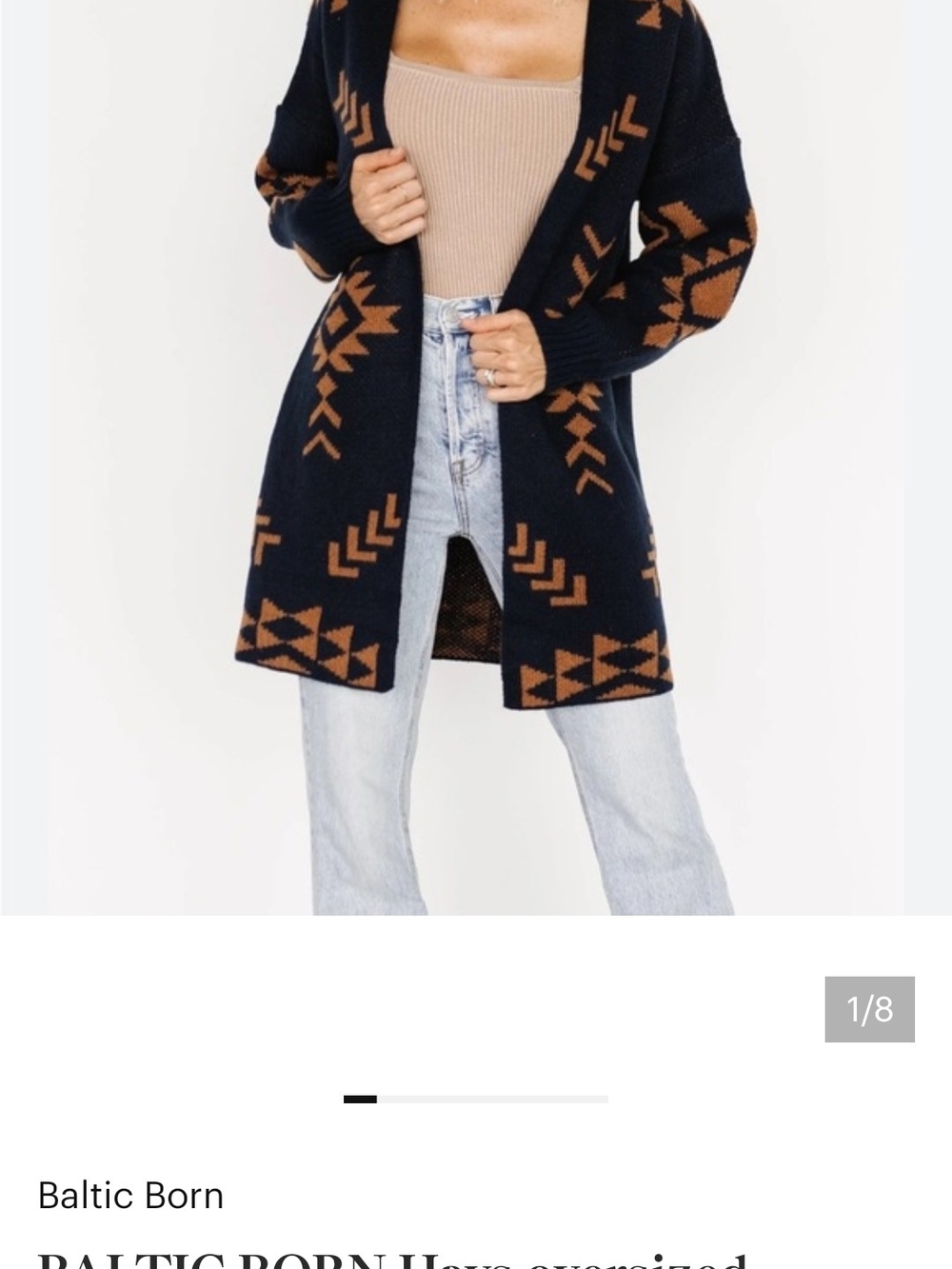 NWOT Baltic Born Navy Cardigan with Brown Aztec Accents